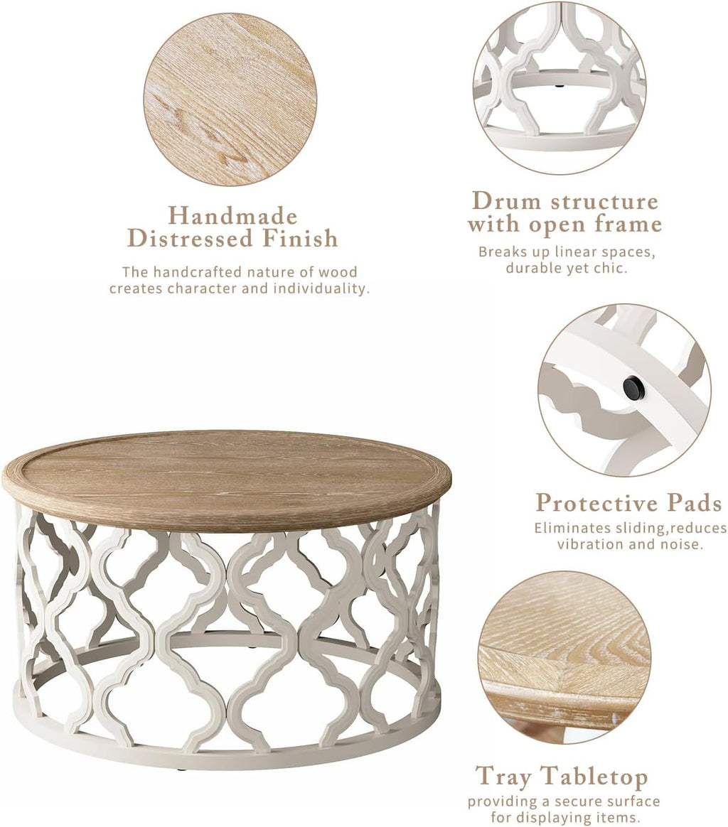 Farmhouse Coffee Table, French Country Round Coffee Table with Distressed Tray Top, Coastal Coffee Table with Curved Motif Frame Base, Boho Center Table for Living Room, Dining Room, Bedroom, Beige