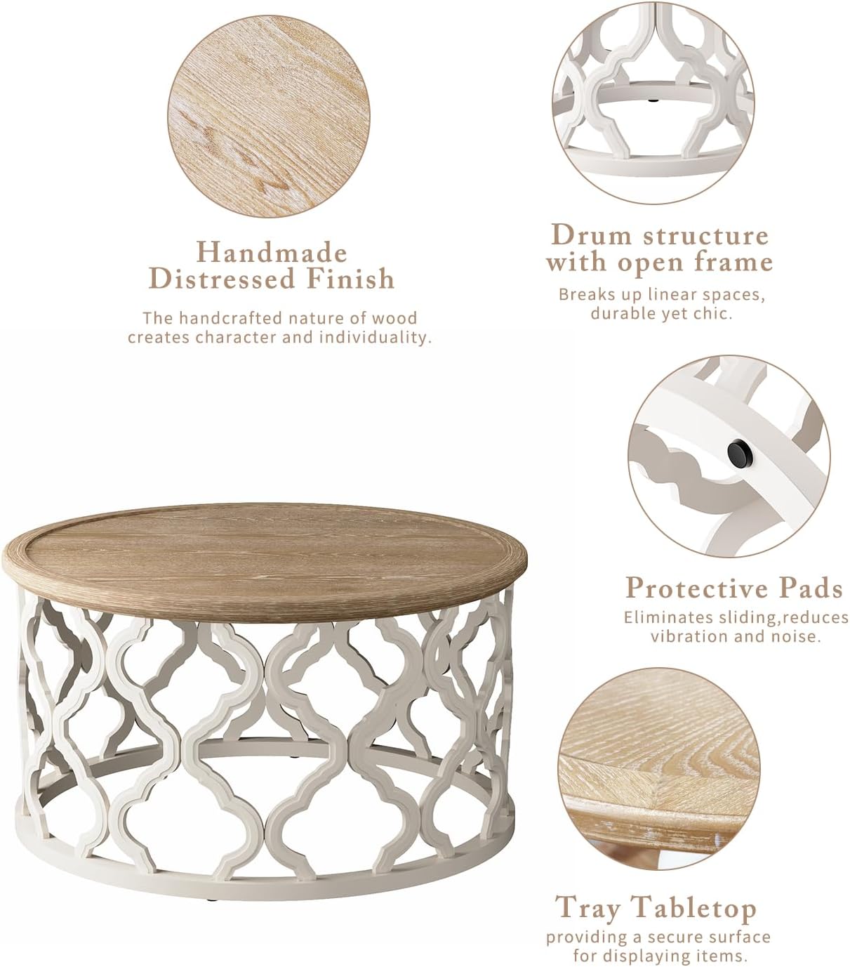 Farmhouse Coffee Table, French Country Round Coffee Table with Distressed Tray Top, Coastal Coffee Table with Curved Motif Frame Base, Boho Center Table for Living Room, Dining Room, Bedroom, Beige