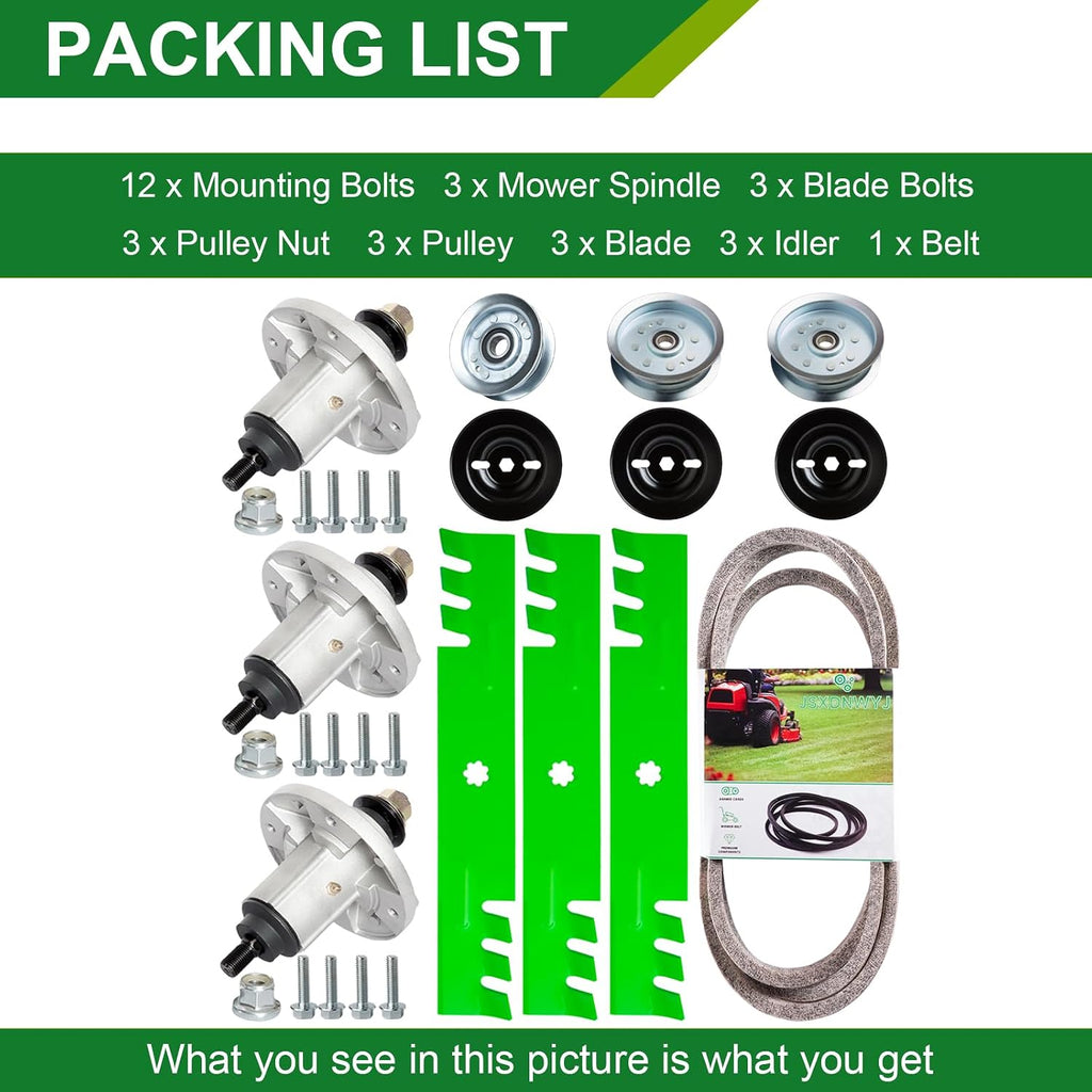 48 Inch Mower Deck Rebuild Kit - Fits John Deere 155C 145 LA100 LA115 LA130 LA140 LA145, Spindles (GY20454 GY21098)+ Blades (GY20852)+ Idler Pulley (GY22082 GY20067 M155979) + Belt (GX20571)