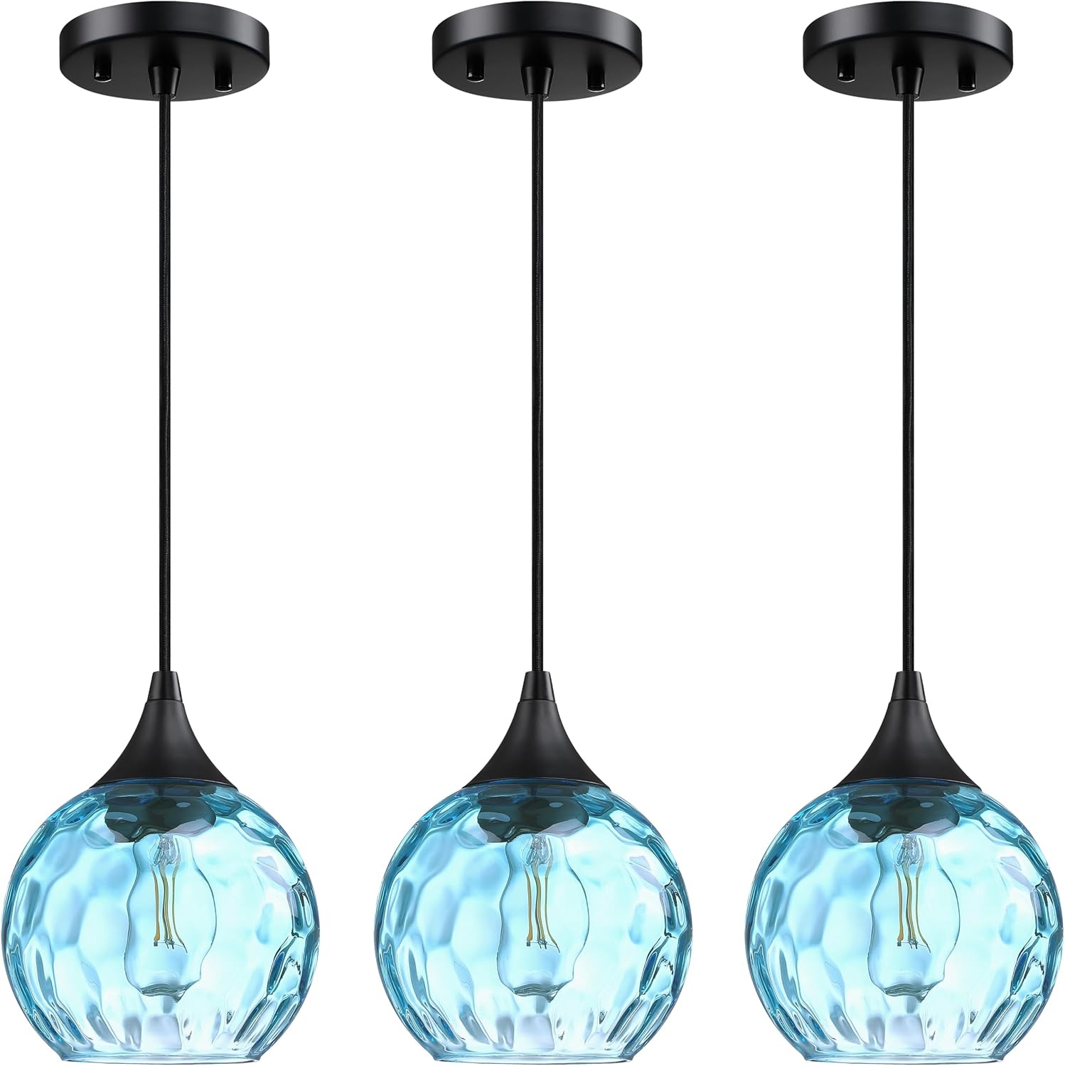 6.3' Blue Texture Glass Pendant Light 3 Pack Pendant Ceiling Light Fixture Black Finish Modern Farmhouse Dinning Over Sink Adjustable Height Cord