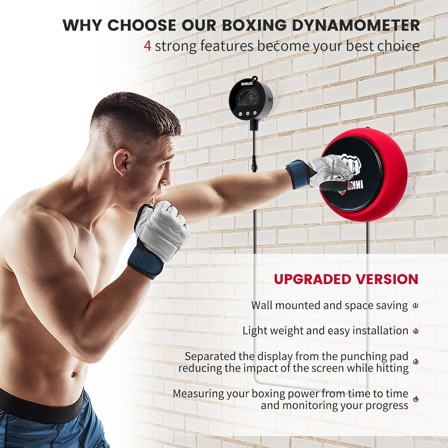 INNOLIFE Professional Boxing Dynamometer – High-Accuracy Punch Power Tracker with Soft Punching Pad and LCD Display, 1543Lbs Capacity, KG/LB/N Unit Switch