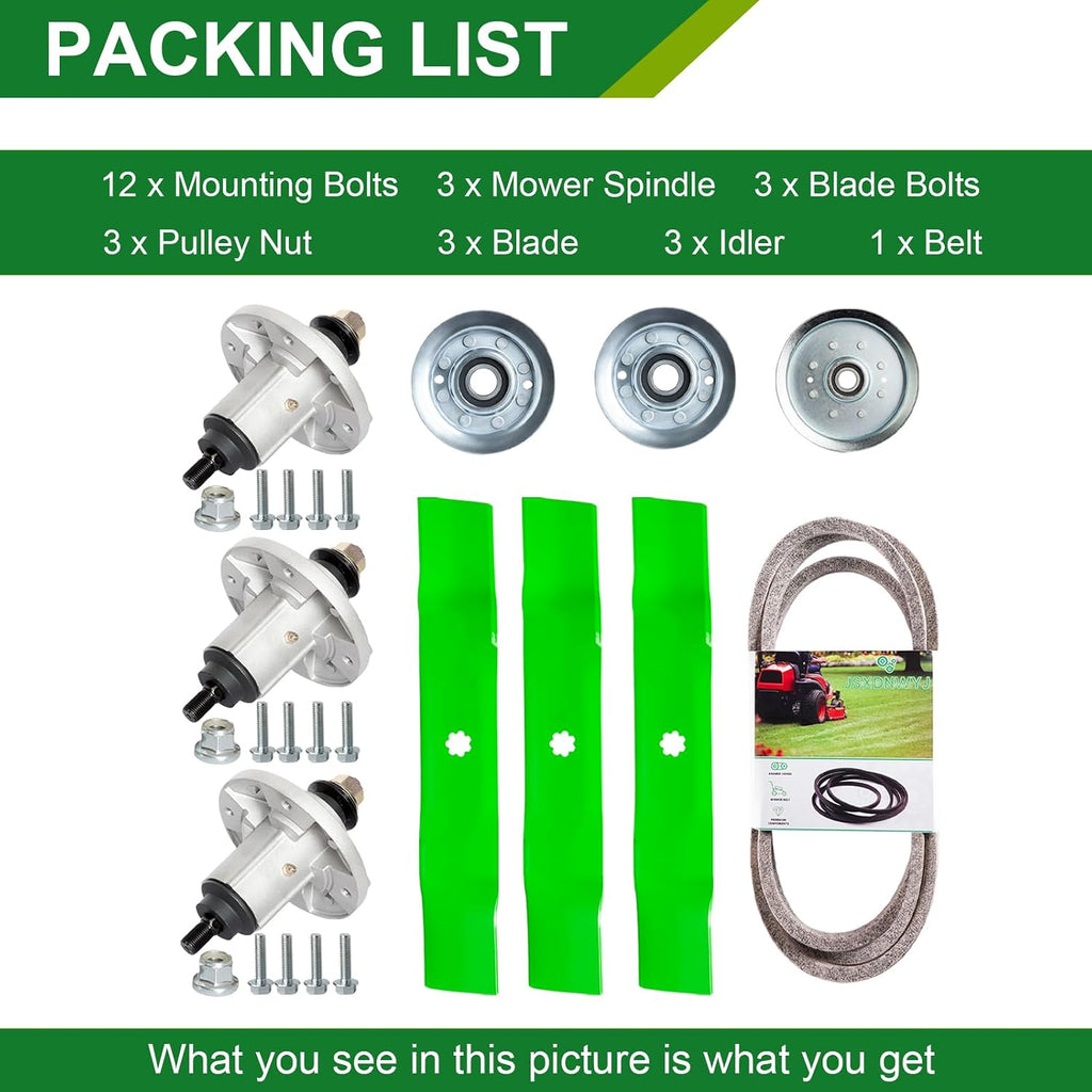 48 Inch Mower Deck Rebuild Kit - Fits John Deere 48' Deck LA145 LA165 LA155 D140 D160 E140 E160 LA110 LA115 LA100 LA120, Spindles (GY21098) Blades (GY20852) Idlers (GY20067 GY22082) Belt (GX20571)