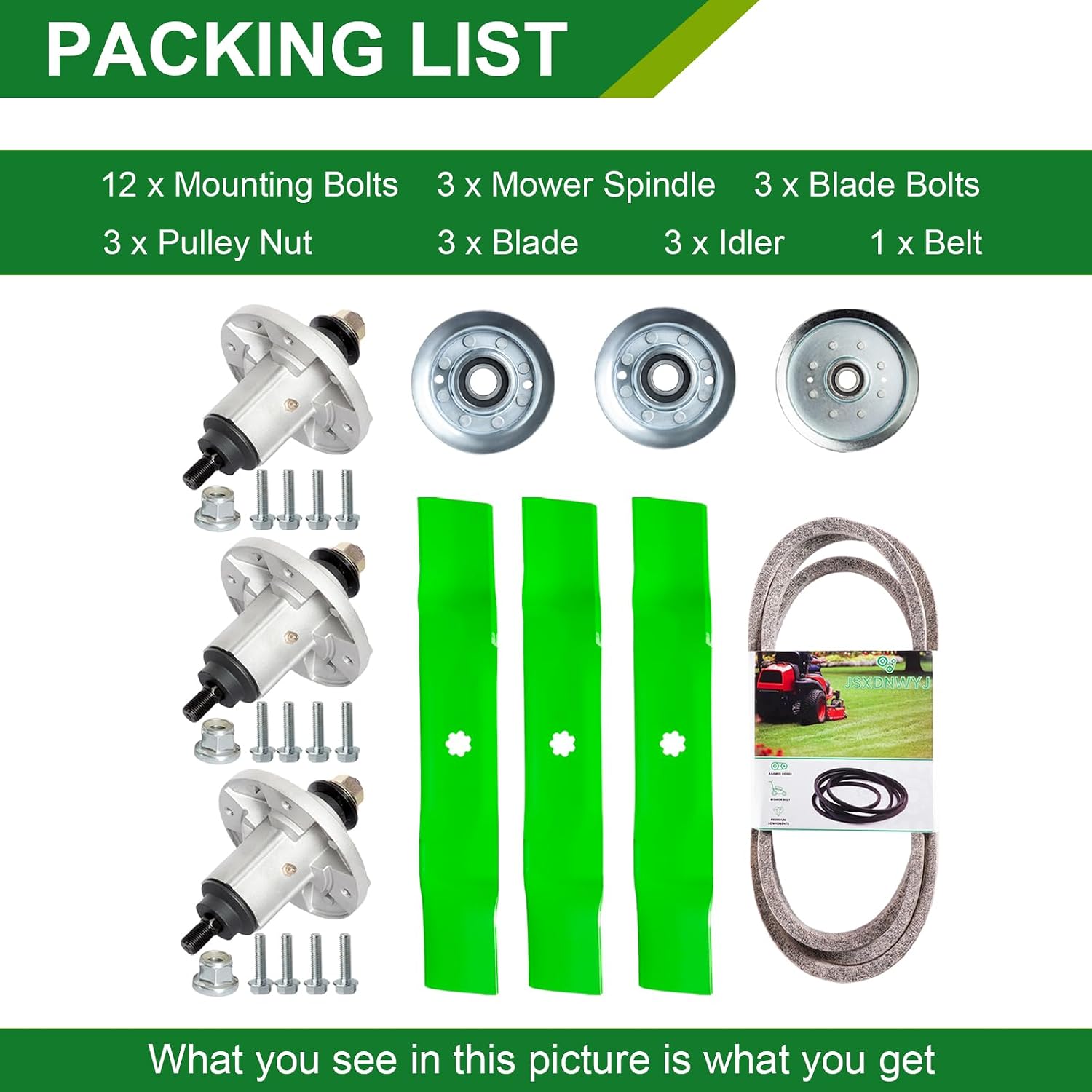 48 Inch Mower Deck Rebuild Kit - Fits John Deere 48' Deck LA145 LA165 LA155 D140 D160 E140 E160 LA110 LA115 LA100 LA120, Spindles (GY21098) Blades (GY20852) Idlers (GY20067 GY22082) Belt (GX20571)