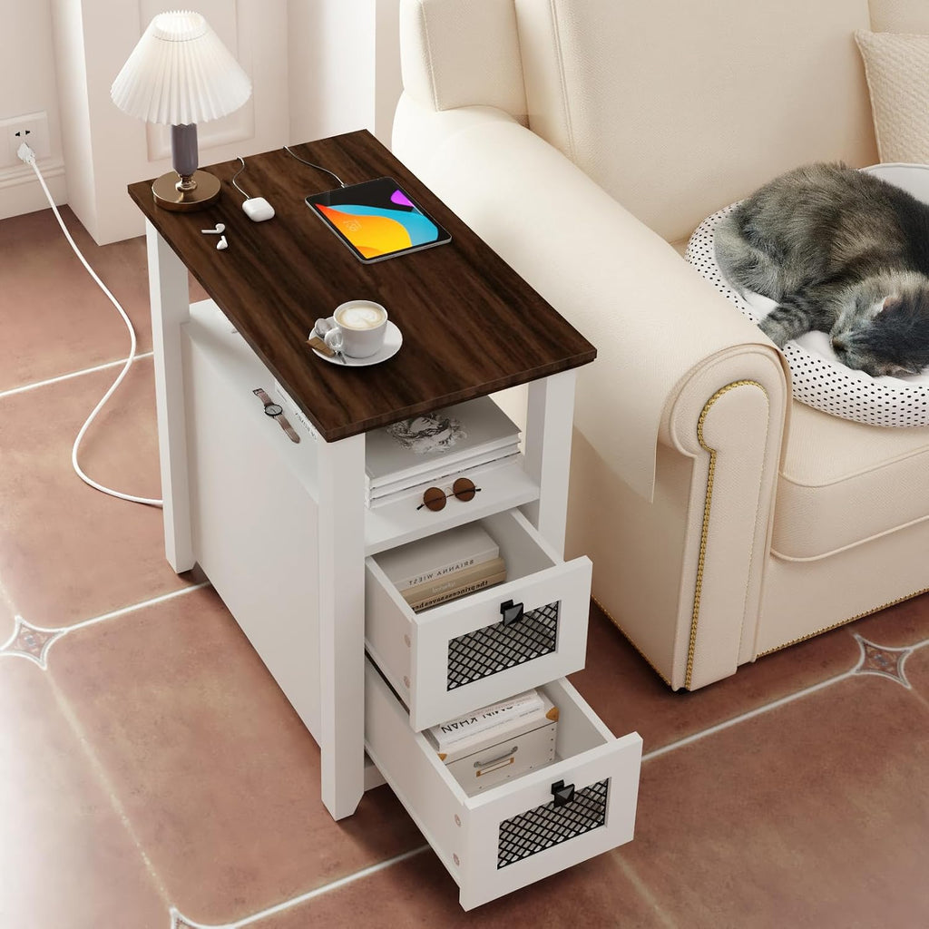 HDDDZSW Farmhouse XXL End Table with Charging Station, Narrow Side Table with USB Ports and Outlets, Nightstand with 2 Drawers Storage, Bedside Tables for Living Room, Bedroom, Rustic Walnut White