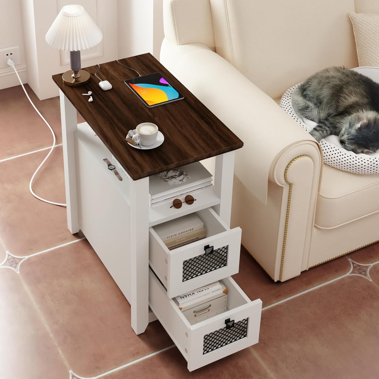 HDDDZSW Farmhouse XXL End Table with Charging Station, Narrow Side Table with USB Ports and Outlets, Nightstand with 2 Drawers Storage, Bedside Tables for Living Room, Bedroom, Rustic Walnut White