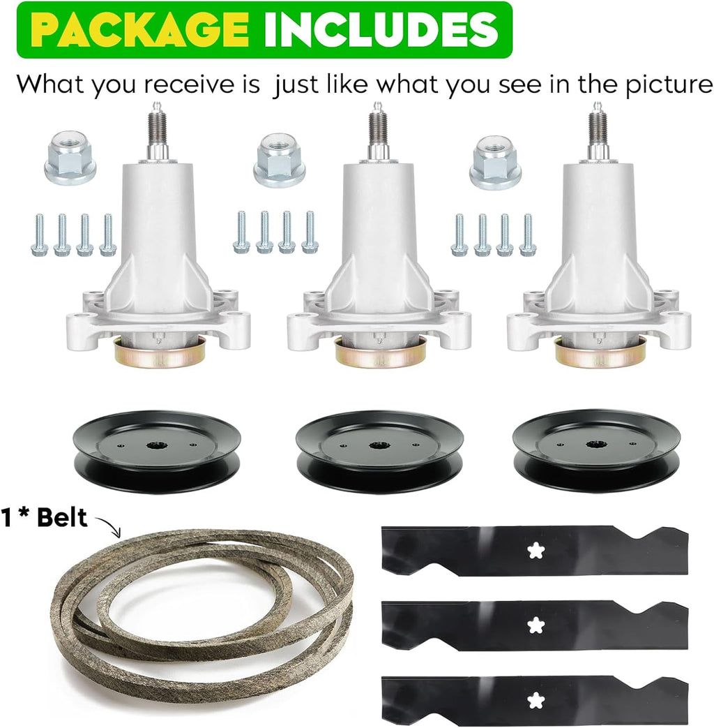 54' Deck 187292 Spindle Rebuild Kit for Craftsman/for Husqvarna YTH2454 LGT2654 LGT2554,Include 3 Spindles 187292 192870, 3 Pulleys 129861, 3 Blades 187256, 1 147 1/2' Deck Belt 196103