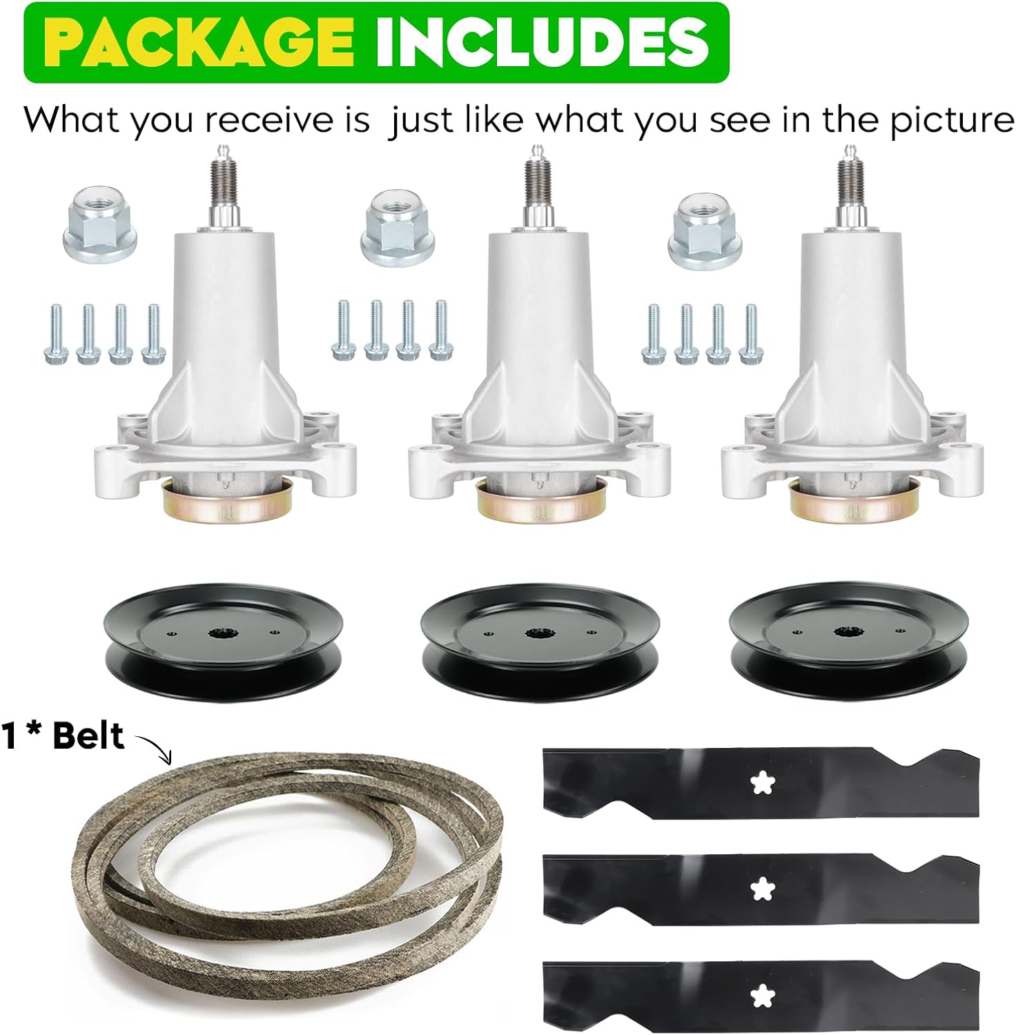 54' Deck 187292 Spindle Rebuild Kit for Craftsman/for Husqvarna YTH2454 LGT2654 LGT2554,Include 3 Spindles 187292 192870, 3 Pulleys 129861, 3 Blades 187256, 1 147 1/2' Deck Belt 196103