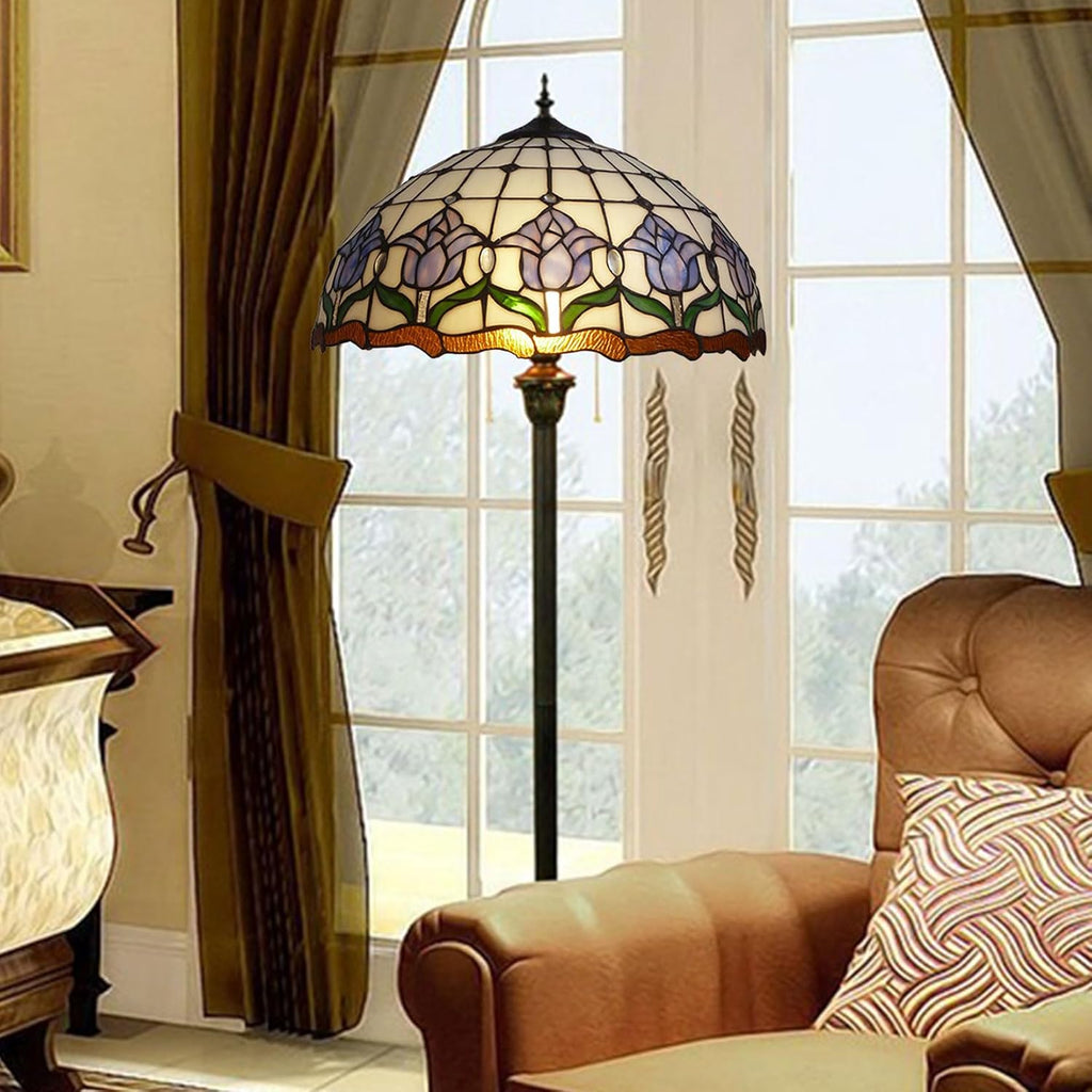 Tiffany Lamp Shade 16' Wide Accessories Replacement Only Blue Tulip Stained Glass Lampshades Vintage Flower Green Leaf Glass Beads Light Cover for Table Lamp Floor Lamp Pendant Light Ceiling