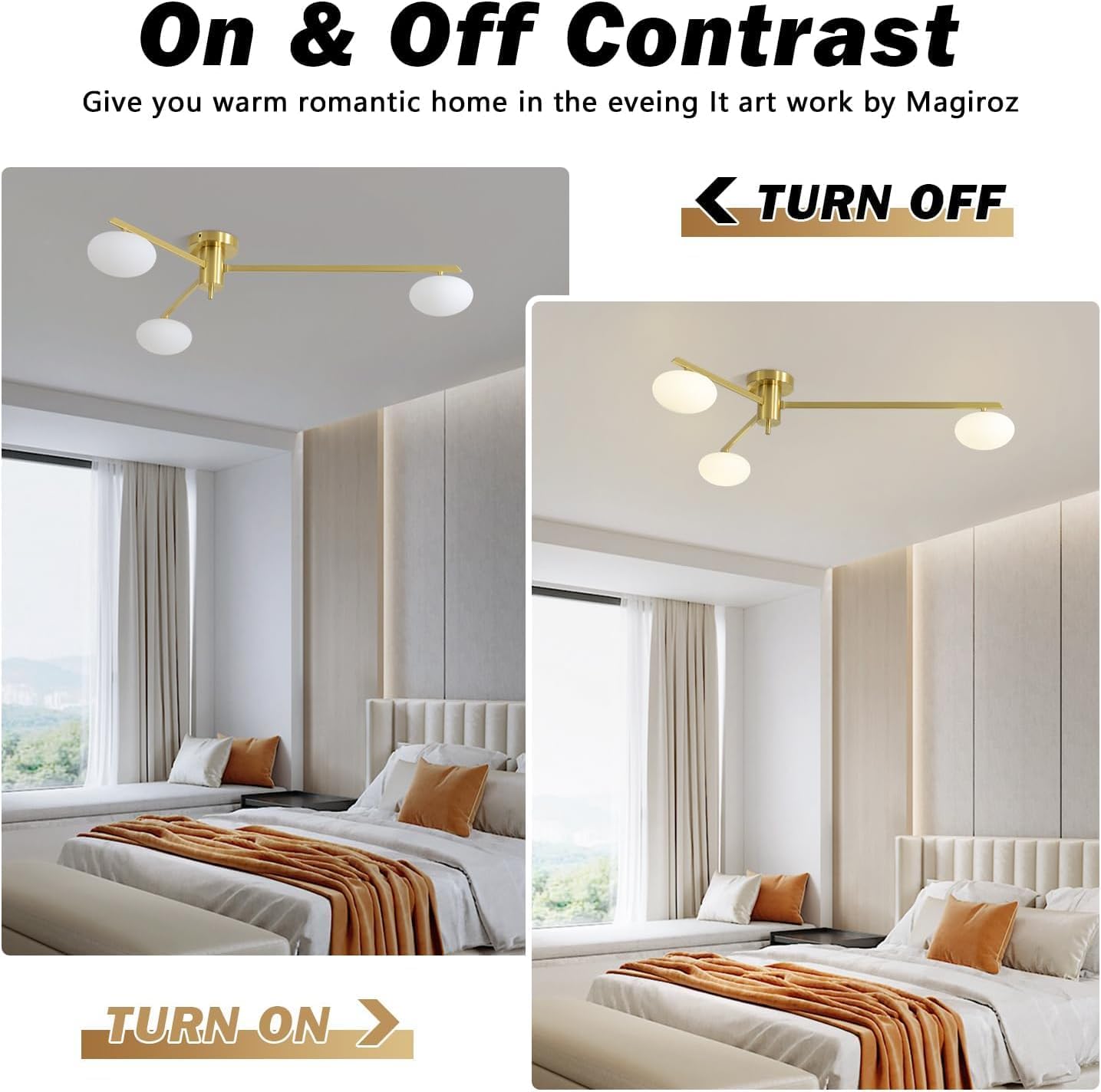 3-Light Gold Sputnik Ceiling Light Fixture,with Opal Glass Shade | low ceiling gold chandelier, dining room bedroom foyer, warm ambient lighting, easy DIY install, mid-century style