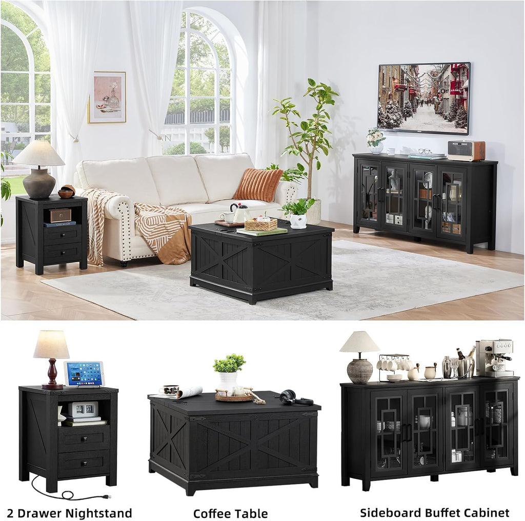 Joaxswe Night Stands with Charging Station Set of 2, Farmhouse Nightstand, Wooden Bedside End Tables with 2 Drawers and Open Shelf, Bed Side Table for Bedroom, Living Room, Closet, Office (Black)
