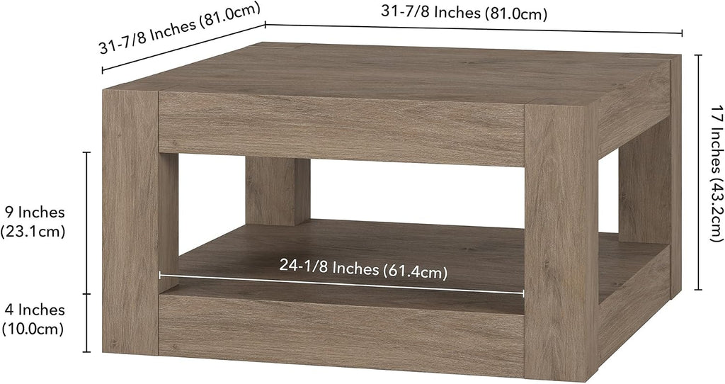 Henn&Hart 32' Wide Square Coffee Table in Weathered Gray, for Home, Living Room, Bedroom, Entertainment Room, Office