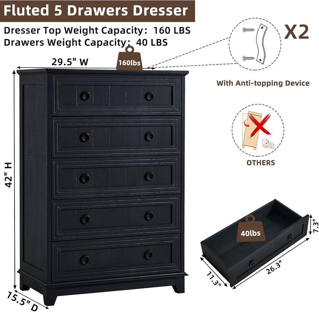 Joaxswe Farmhouse 5 Drawer Dresser for Bedroom, 42' Tall Small Dressers & Chest of Drawers, Rustic Wood Dresser with Metal Handle, Storage Organizer Closet for Living Room, Hallway, Entryway