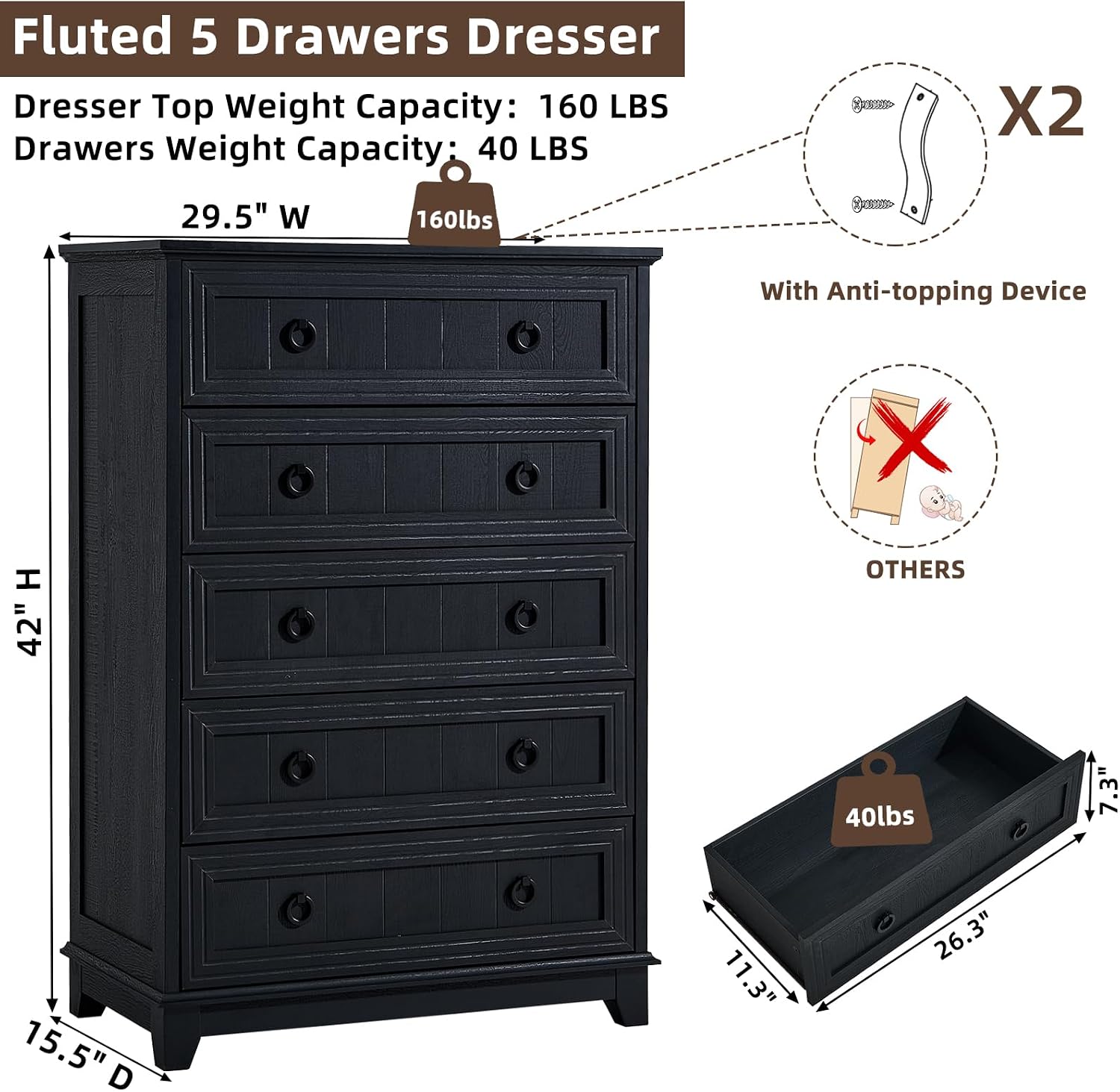 Joaxswe Farmhouse 5 Drawer Dresser for Bedroom, 42' Tall Small Dressers & Chest of Drawers, Rustic Wood Dresser with Metal Handle, Storage Organizer Closet for Living Room, Hallway, Entryway