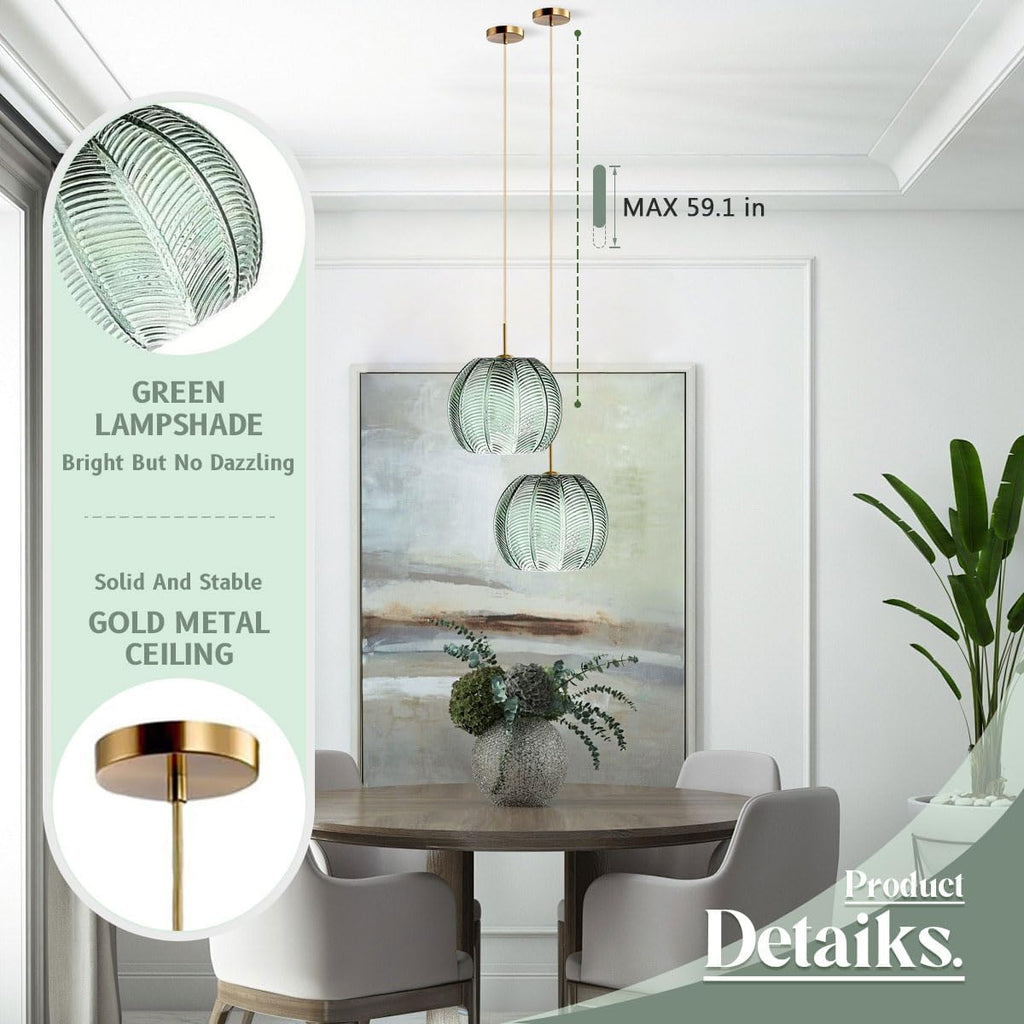 2-Pack Green Ceiling Pendant Light Fixtures for Dining Room Large Gold Globe Kitchen Island Pendant Light Hand-Blown Glass Shade Adjustable Hanging Lights Bedroom Pendant Lights