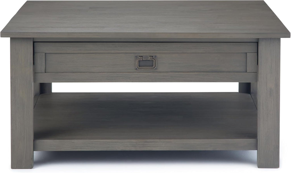 SIMPLIHOME Monroe Square Coffee Table - 38' Wide x 19' High Solid Acacia Wood Living Room Table in Farmhouse Grey, Rustic Cocktail Table for Family Room or Lounge with 2 Drawers and Open Shelf