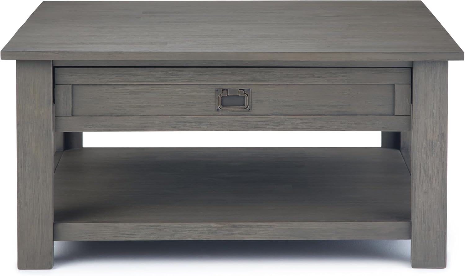 SIMPLIHOME Monroe Square Coffee Table - 38' Wide x 19' High Solid Acacia Wood Living Room Table in Farmhouse Grey, Rustic Cocktail Table for Family Room or Lounge with 2 Drawers and Open Shelf