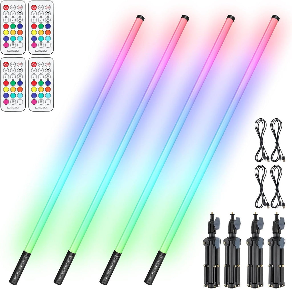 4 Pack LED Tube Light, 4ft RGB Light Tube with Stand, Handheld DJ Stage Lights Bar for Party, 500 Effects, Music Sync/Dynamic/Static Modes, 5000mAh Rechargeable Battery