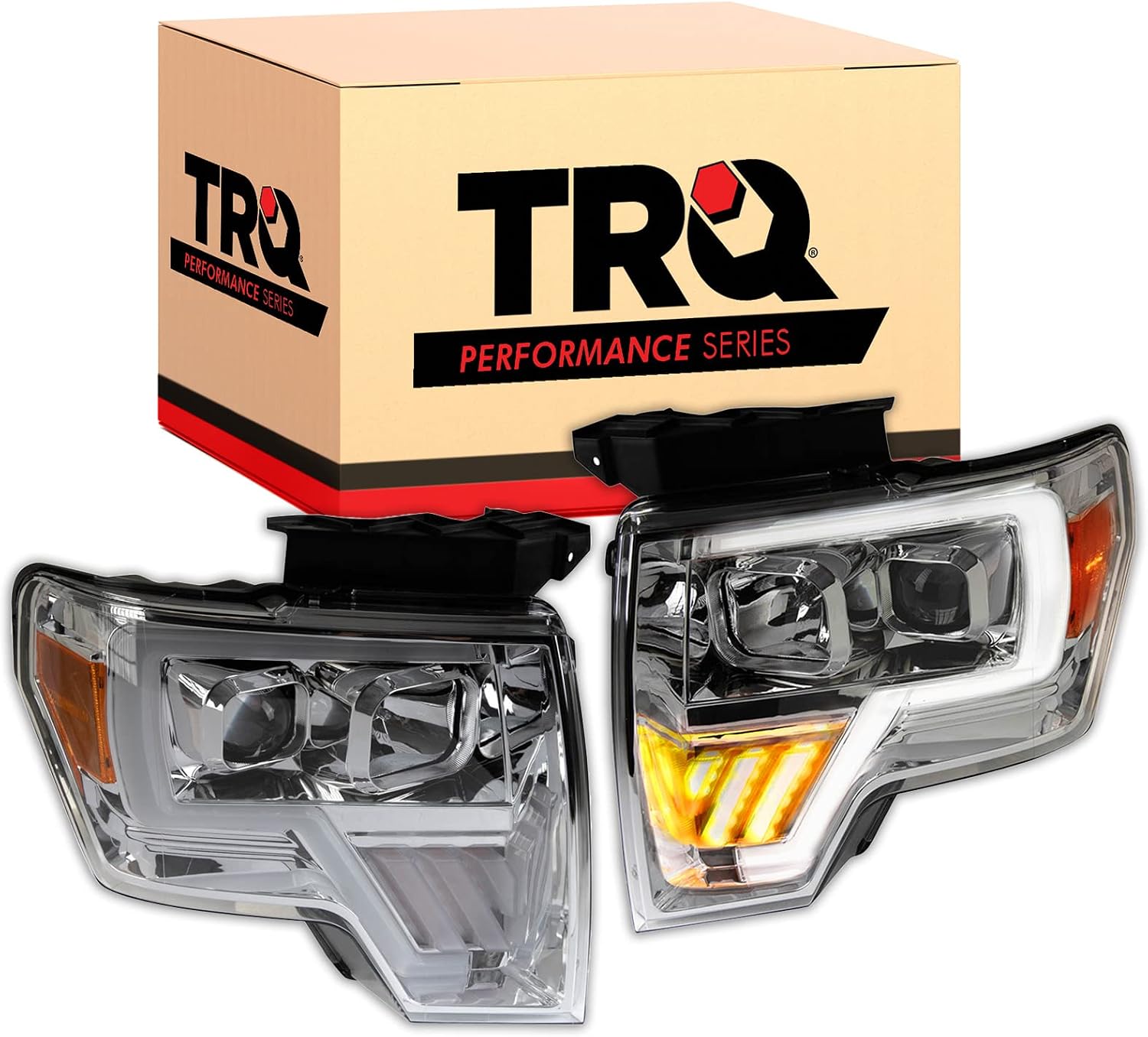 TRQ 2 Piece Headlight Assembly Set Performance LED C Light Bar Chrome Bezel Driver & Passenger Side Compatible with Ford F-150 2009-2014 FO2502287 FO2502289 FO2503287 FO2503289