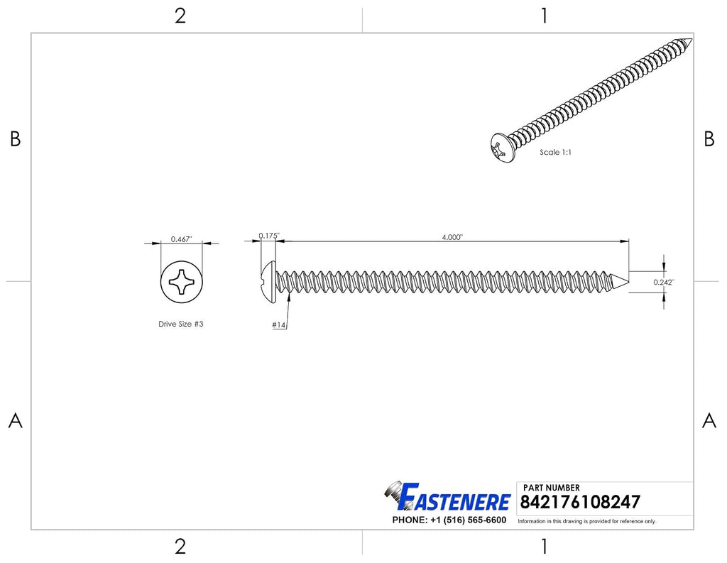 #14 x 4 Pan Head Sheet Metal Screws, Stainless Steel 18-8, Full Thread, Bright Finish, Self-Tapping, Quantity 500 By Fastenere