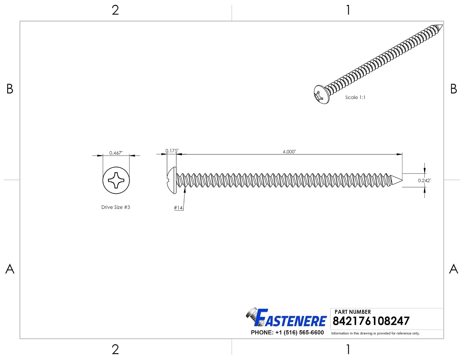 #14 x 4 Pan Head Sheet Metal Screws, Stainless Steel 18-8, Full Thread, Bright Finish, Self-Tapping, Quantity 500 By Fastenere