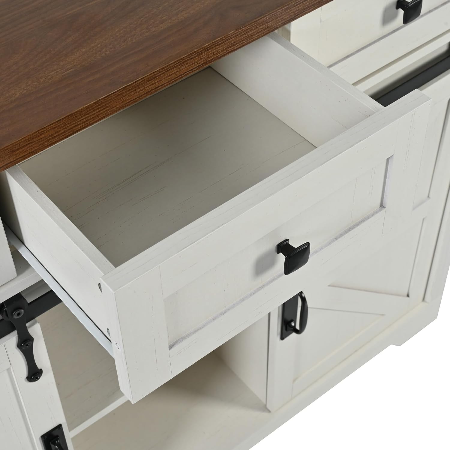 Bellemave 53.7' Farmhouse Kitchen Island cart with Charging Station, Rolling Kitchen Island Table with Drop-Leaf, 3 Drawers, Barn Doors, Large, White