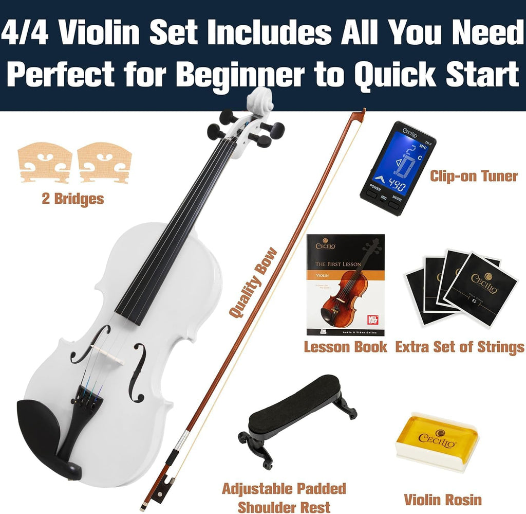 Mendini By Cecilio Violin 4/4 Full Size For Beginners - Fiddle Solidwood Kit with Hard Case - Acoustic Violins with Bow, Rosin, Tuner, Extra Strings & Bridge, Shoulder Rest and Lesson Book (White)