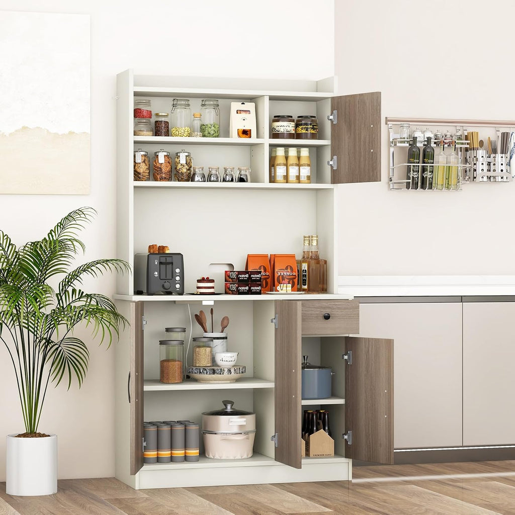 COSTWAY Kitchen Pantry Storage Cabinet, 71' Freestanding Tall Hutch Cabinet with Charging Station, Microwave Stand, Adjustable Shelves, Modern Buffet Cabinet with Hutch for Dining Room, Kitchen, White