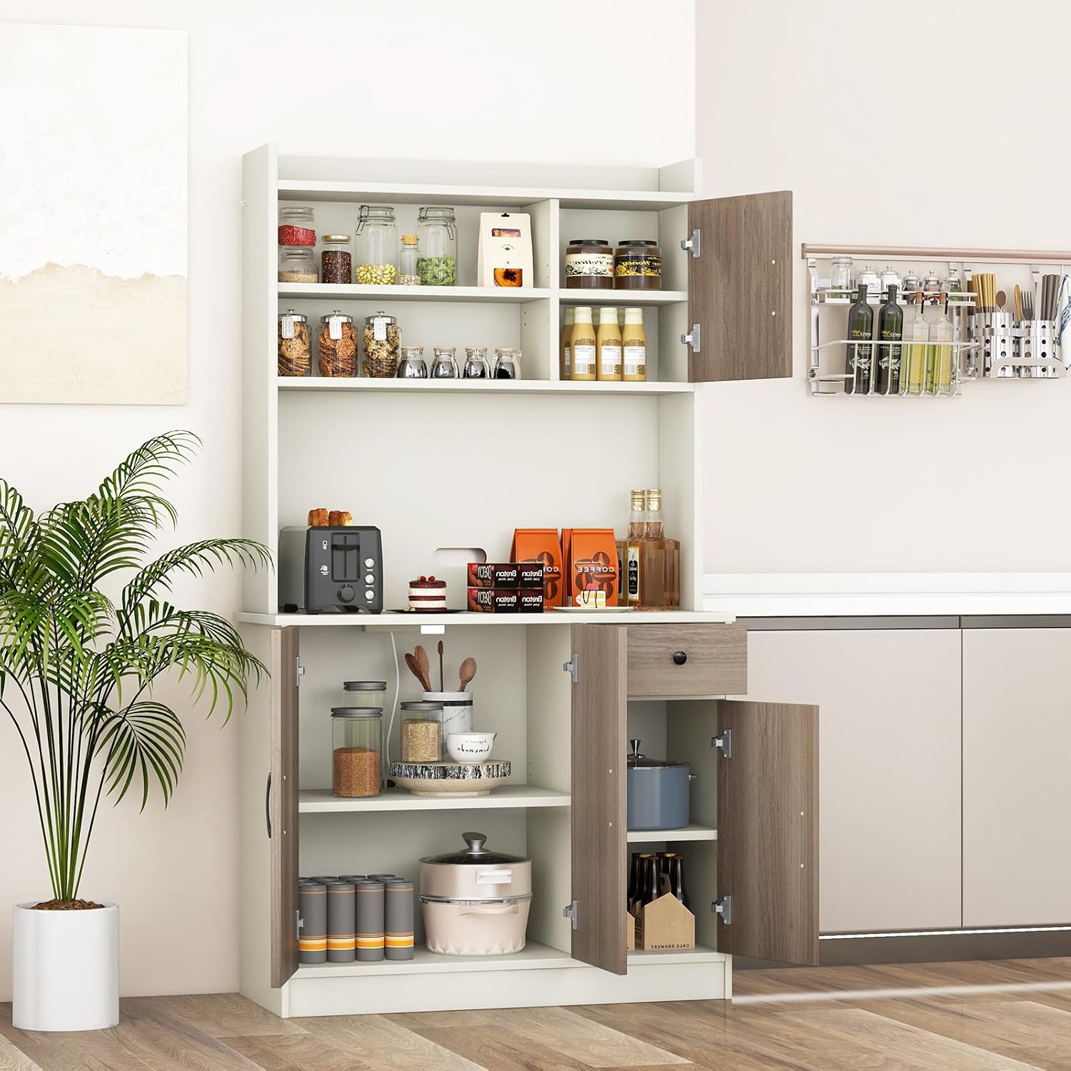 COSTWAY Kitchen Pantry Storage Cabinet, 71' Freestanding Tall Hutch Cabinet with Charging Station, Microwave Stand, Adjustable Shelves, Modern Buffet Cabinet with Hutch for Dining Room, Kitchen, White