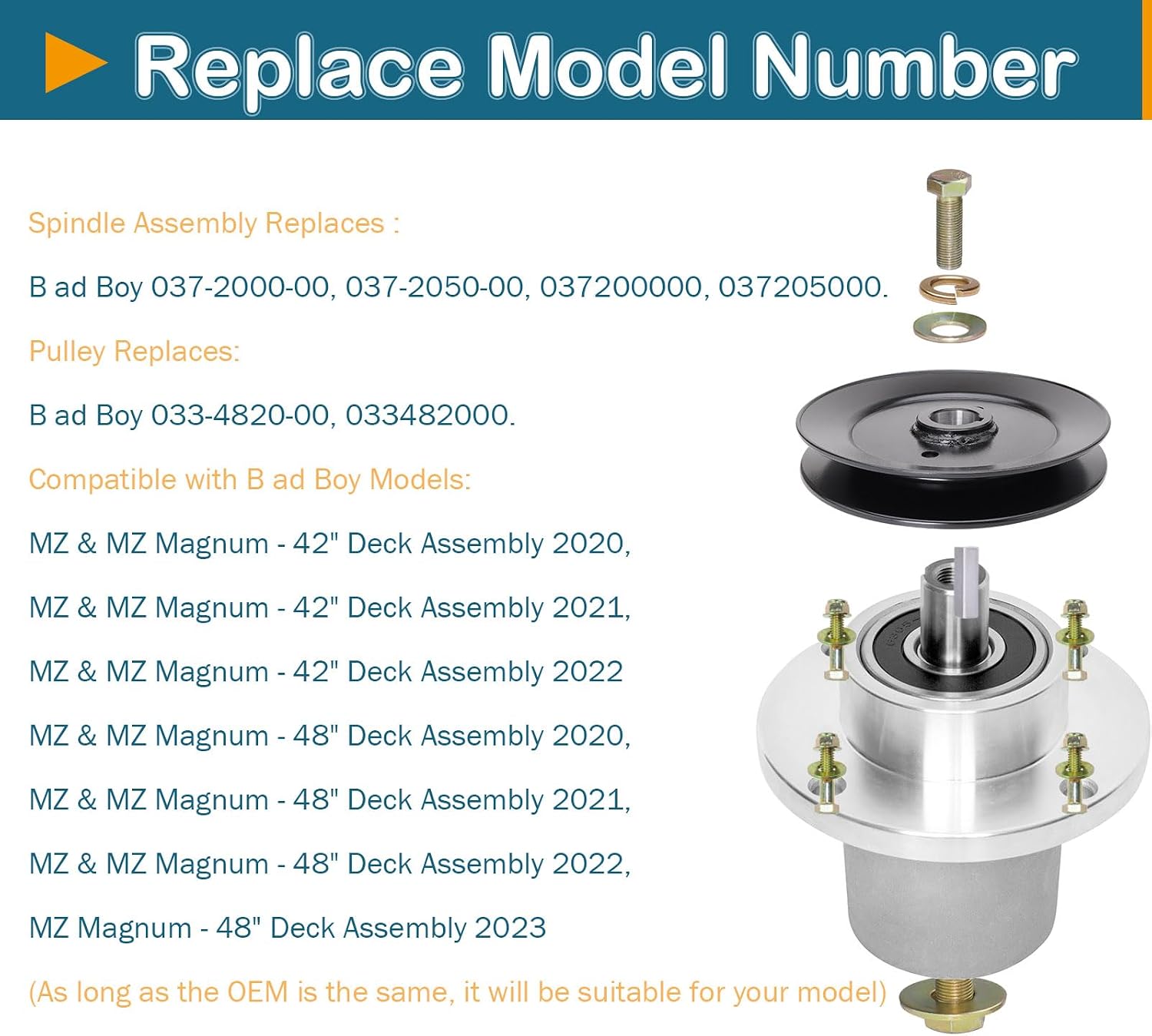 42' 48' Deck Spindle Assembly (037-2050-00 037-2000-00) Pulley (033-4820-00) Fits Bad Boy MZ Mag num MZ Zero Turn Mower (3 Pack)