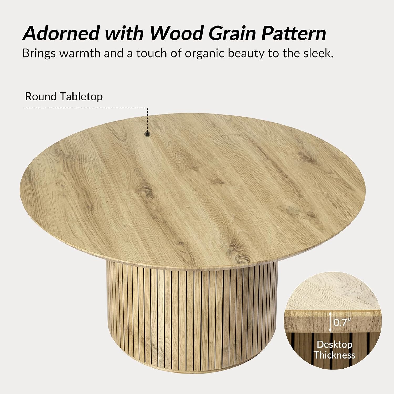 HULALA Home Round Coffee Table, Wood Coffee Table with Vertical Slat Base, Modern Coffee Table for Living Room and Lounge Room,Oak