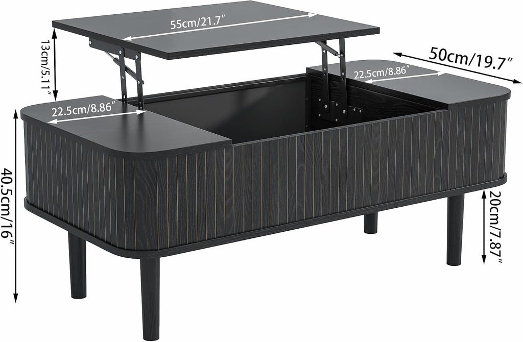 Fluted Lift Top Coffee Table with Storage, Mid Century Modern Coffee Table for Living Room, Home Small Space,39.4' Fluted Center Table (Rectangle-Black, 39.4inch)