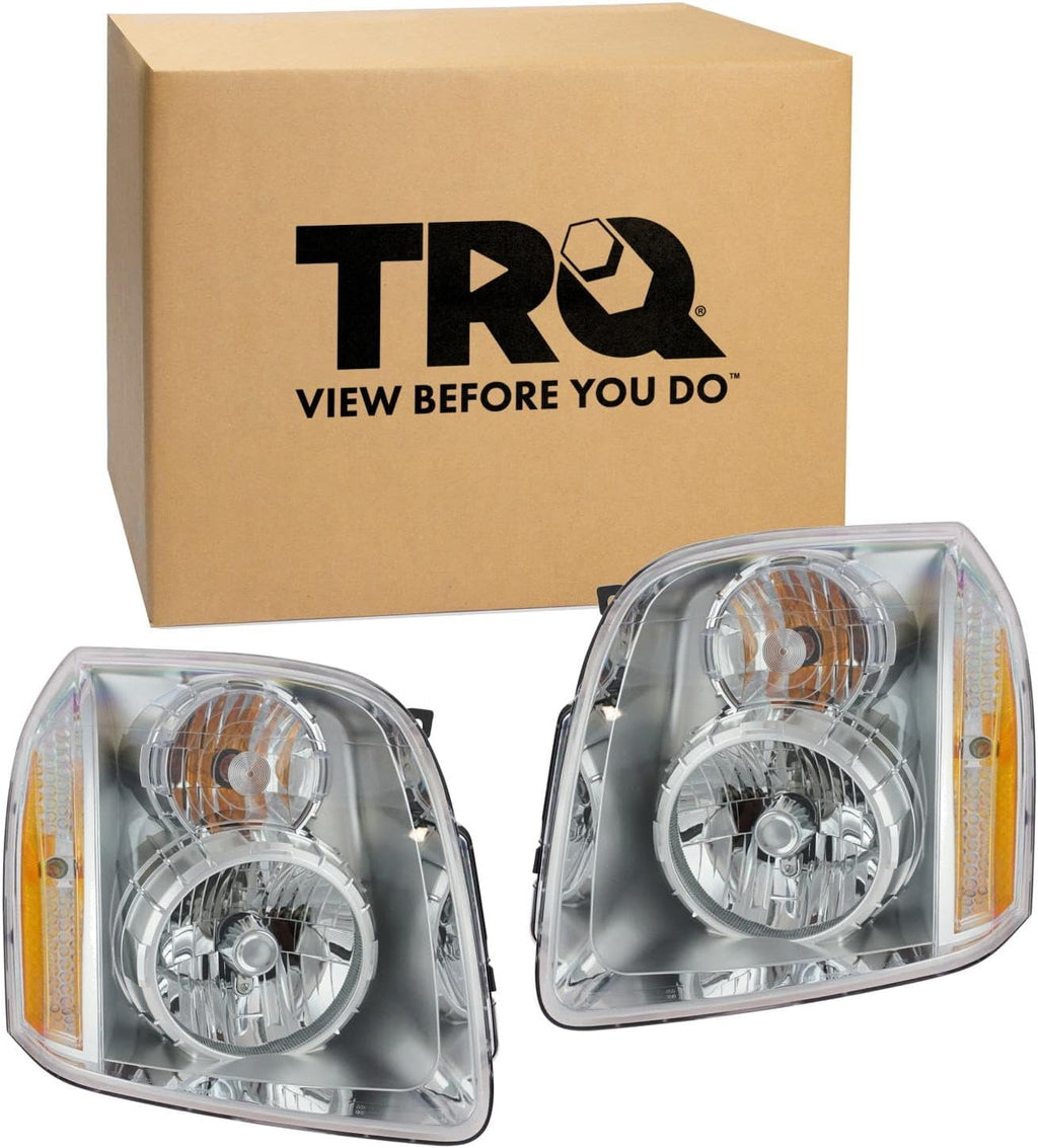 TRQ 2 Piece Headlight Assembly Set Chrome Bezel Driver & Passenger Side Compatible with Yukon Denali Yukon 2007-2014 Denali XL 1500 2007-2014 Yukon Denali Hybrid 2010-2013 GM2502318 GM2503318