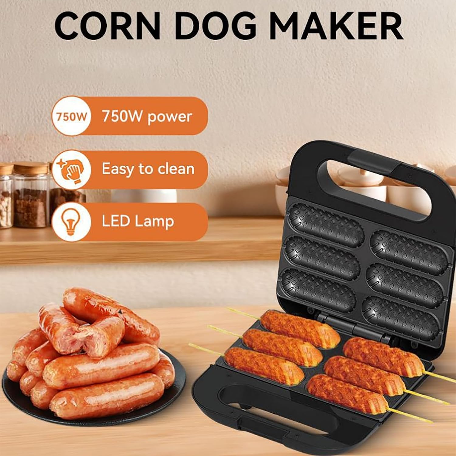 Corn Dog Maker, Hot Dog Waffle Machine with Non-stick Coating Plate, Double Sided Circulation Heating and Make 6 Corn Dogs, Easy To Use and Store for Restaurant Bake