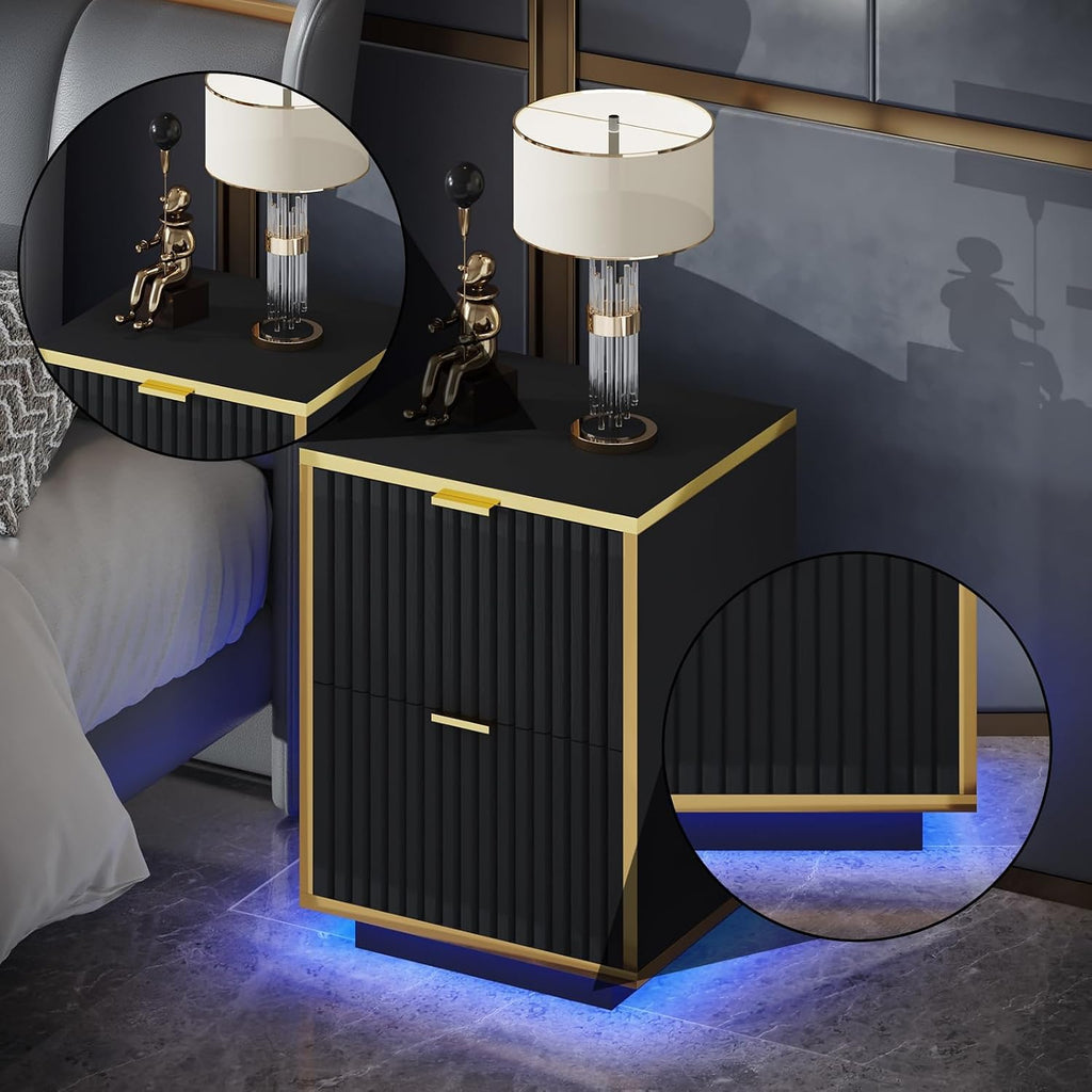 4ever2buy Black and Gold Nightstand Set of 2, Modern Bedside Table with LED Lights, End Table for Bedroom Living Room