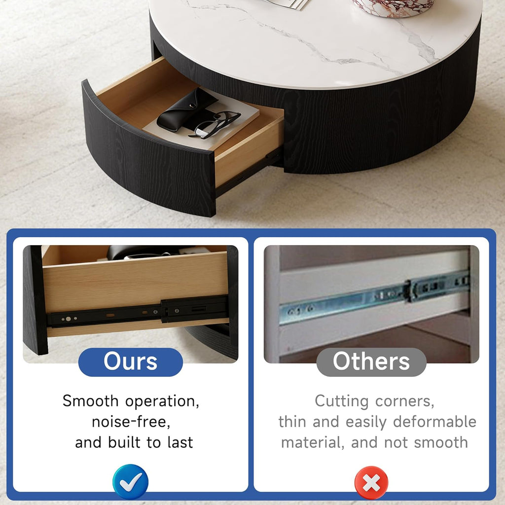 Round Coffee Table with Storage,Modern Sintered Stone & Solid Wood Center Table,Black and White Coffee Tables for Living Room,Apartment【Black,31.5'】