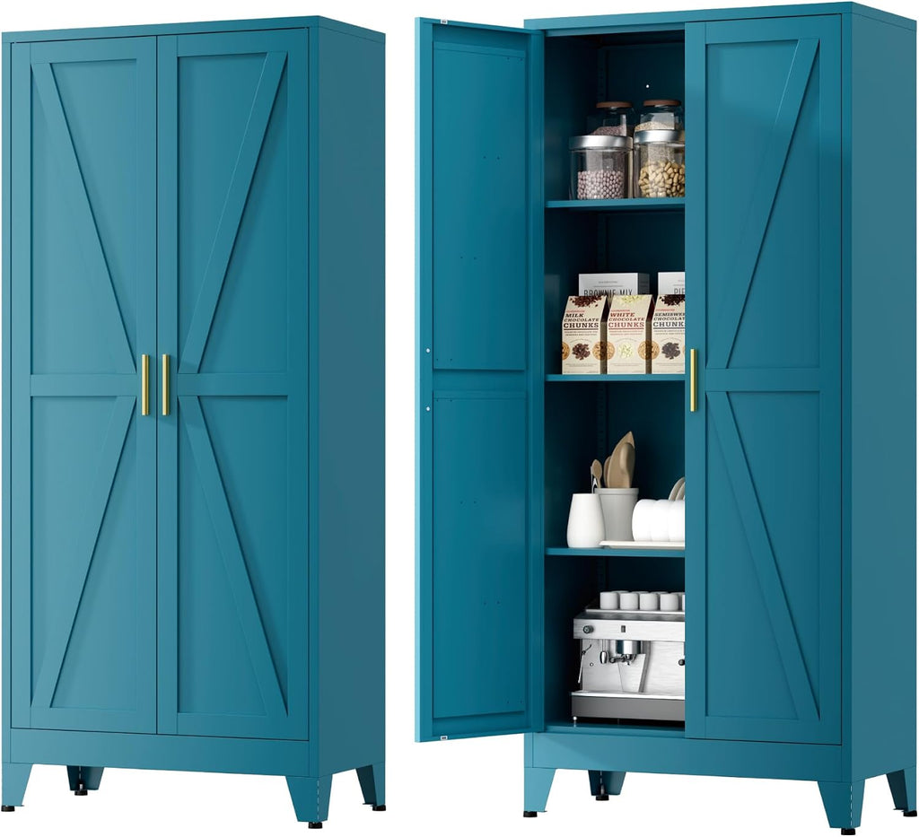 Farmhouse Pantry Cabinet with Barn Doors,61' H x 27.5' W,Metal Cabinet with Adjustable Shelves,4-Tier Storage Cabinet for Kitchen Dining Room Garage,Blue 1 Pack