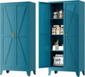 Farmhouse Pantry Cabinet with Barn Doors,61' H x 27.5' W,Metal Cabinet with Adjustable Shelves,4-Tier Storage Cabinet for Kitchen Dining Room Garage,Blue 1 Pack