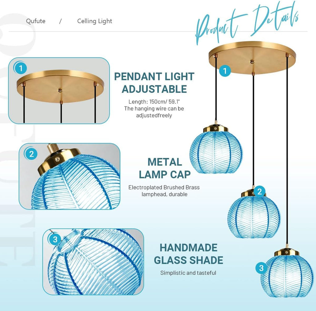 Cluster Pendant Light Glass Globe Chandelier 3-Lights Adjustable with 8.7″ Blue Glass Shades, Mid-Century Modern Kitchen Island Chandeliers,Ribbed Ball Gold Ceiling Hanging Lights