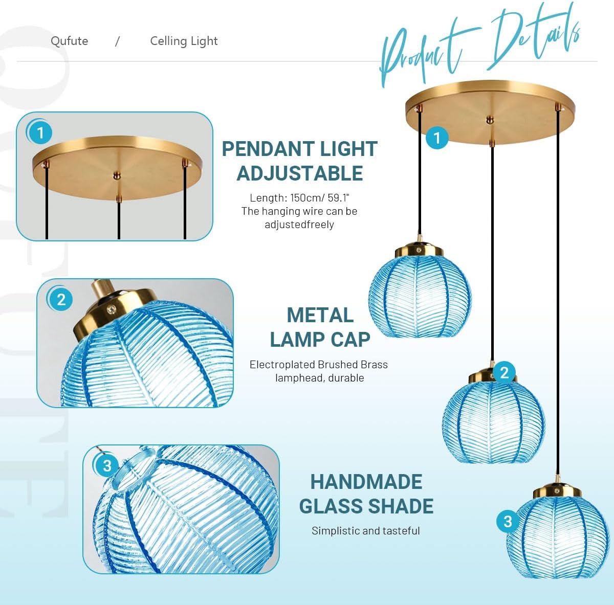 Cluster Pendant Light Glass Globe Chandelier 3-Lights Adjustable with 8.7″ Blue Glass Shades, Mid-Century Modern Kitchen Island Chandeliers,Ribbed Ball Gold Ceiling Hanging Lights
