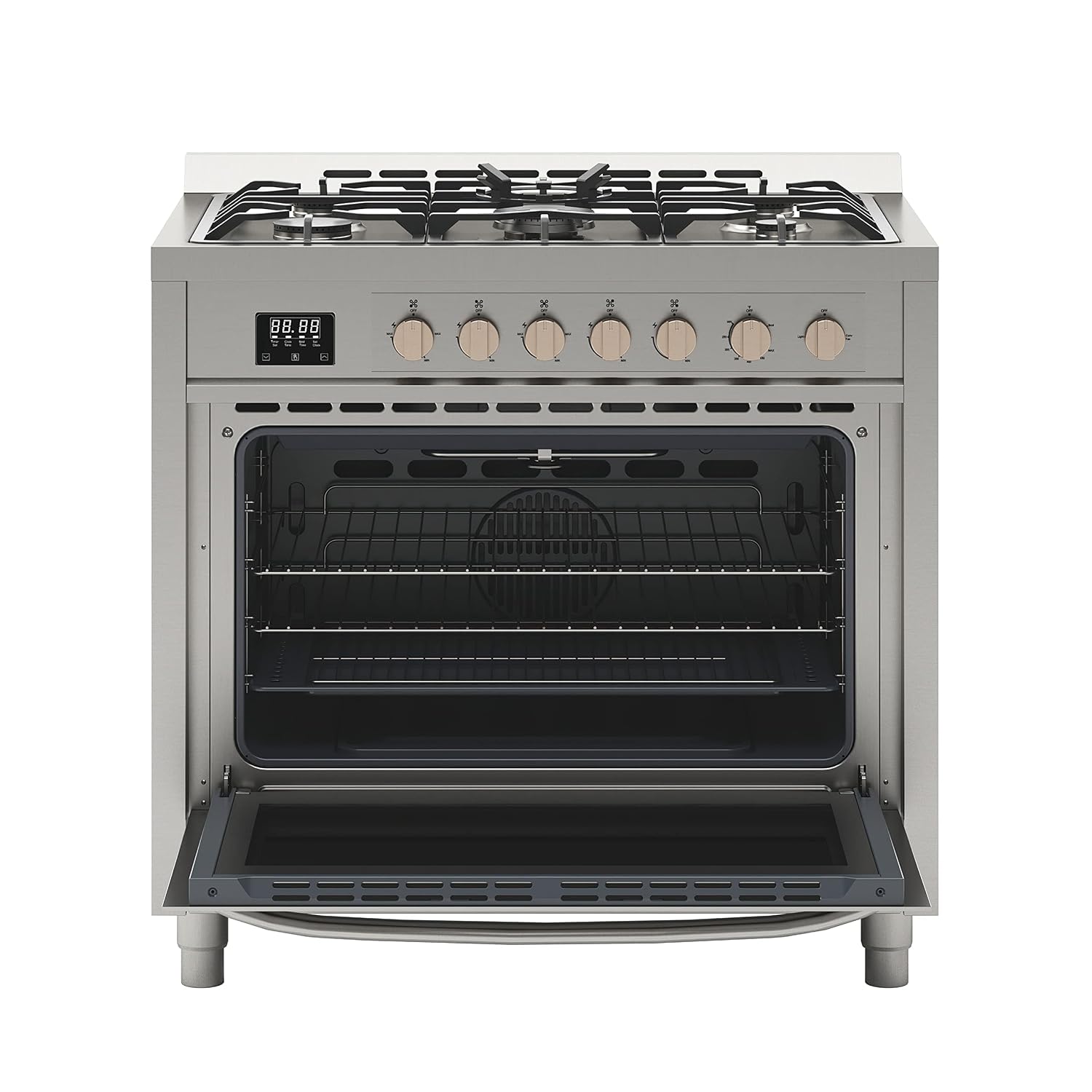 KoolMore 36' Inch Professional Gas Range Stove with 5 Burner Cooktop, Rapid Convection Oven, and Digital Timer with Heavy-Duty Cast Iron Grates, Stainless-Steel Appliance (KM-FR36GL-SS), Silver