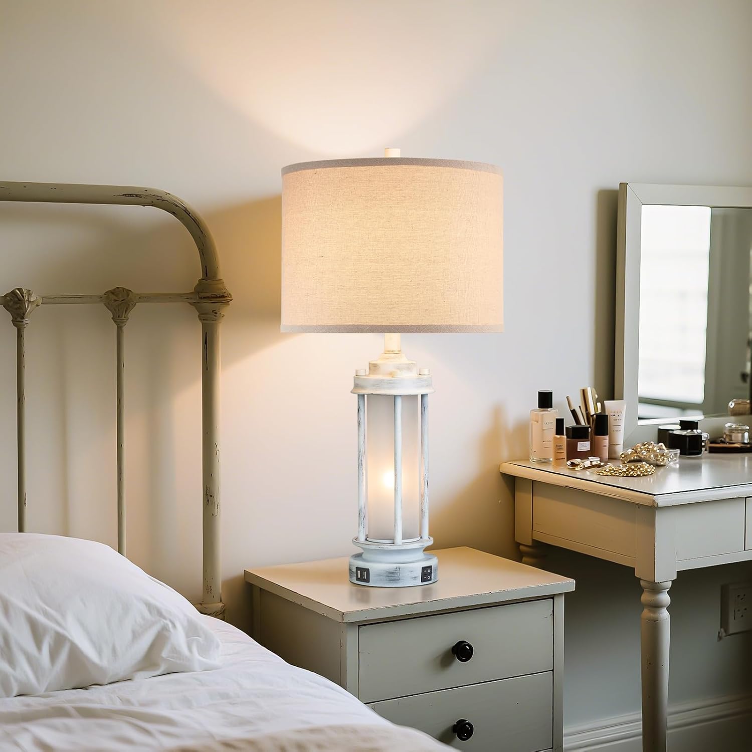 AIEAMPDO 25' Rustic Table Lamps Set of 2, Vintage Nightstand Lamps with 2 USB Ports, Farmhouse Antique White Desk Lamp with Glass Night Light for Living Room Bedroom Dorms, 4 Bulbs Included