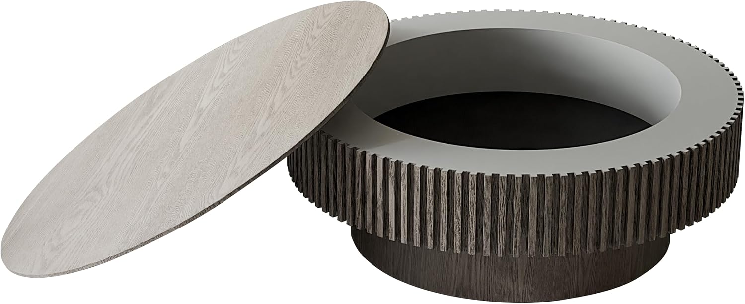 39.37'' Round Coffee Table with Storage, Solid Wood Veneered Modern Drum Coffee Table Accent Tea Table for Living Room, Bedroom, Apartment or Office-Gray