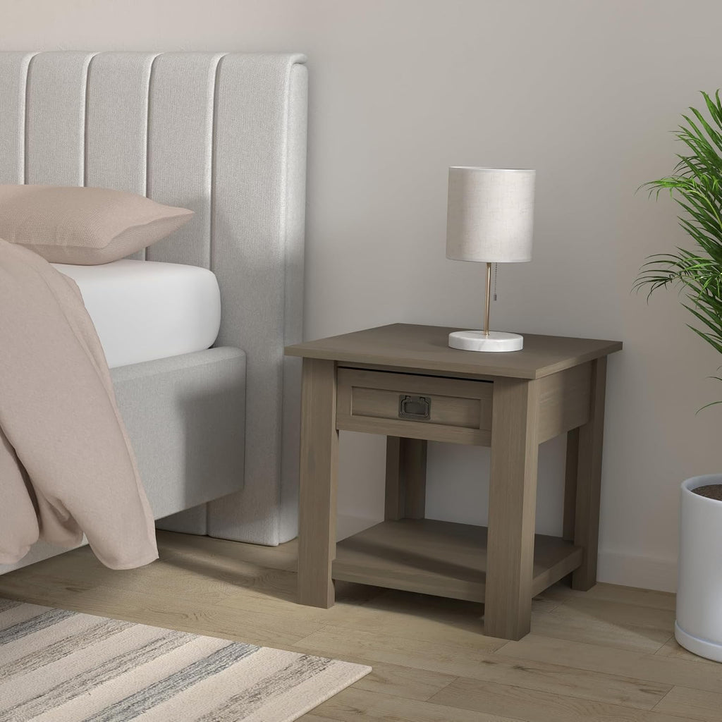 SIMPLIHOME Monroe End Table - 22 inch Wide Solid Acacia Wood Side Table in Distressed Grey, Rustic Contemporary Accent Table for Living Room or Bedroom with Drawer and Shelf