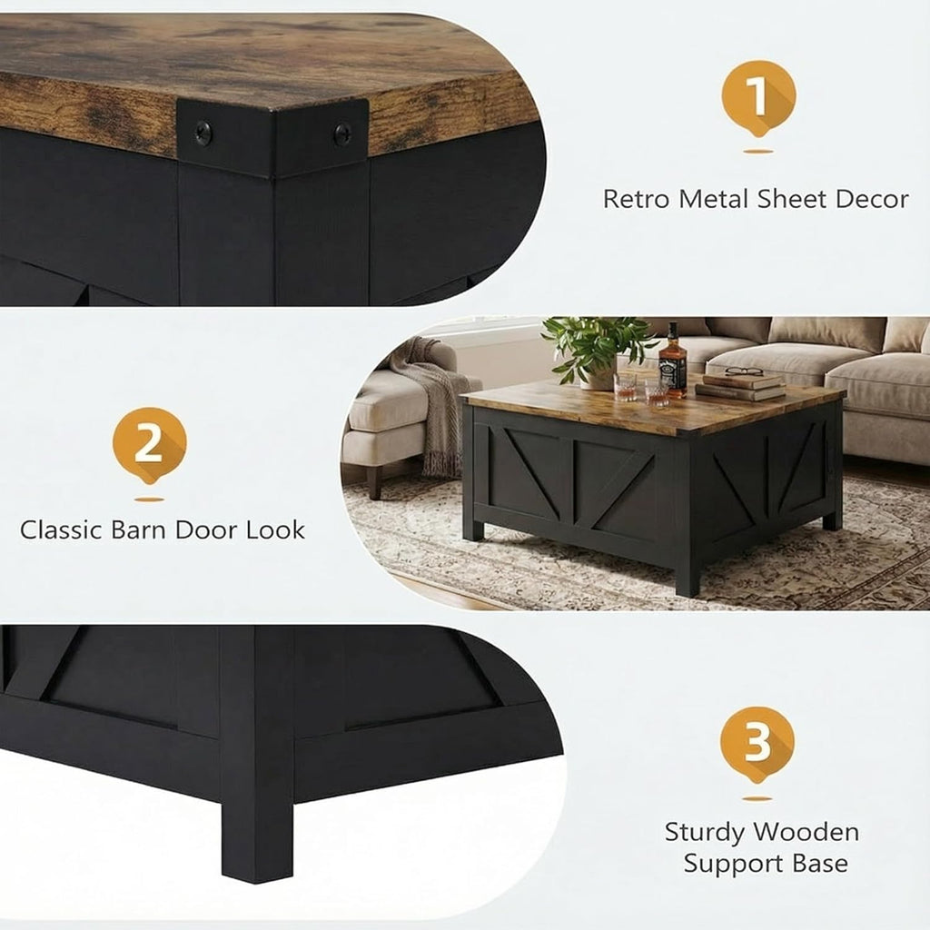 35' Farmhouse Coffee Table with Large Storage, Rustic Wood Lift Top Coffee Table for Living Room, Square Center Table with Charging Station&USB, Modern Port Pottery Barn Lift top Table