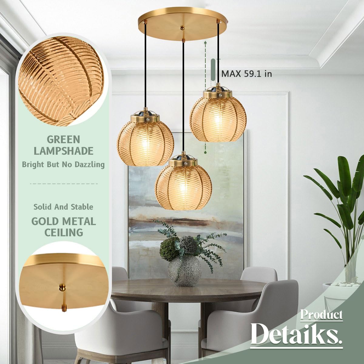 Glass Globe Chandelier 3 Light Cluster Pendant Light Fixture Black Gold Mid Century Modern Ceiling Lights Adjustable Height with Amber Glass Ball Shades Sputnik Chandelier Kitchen