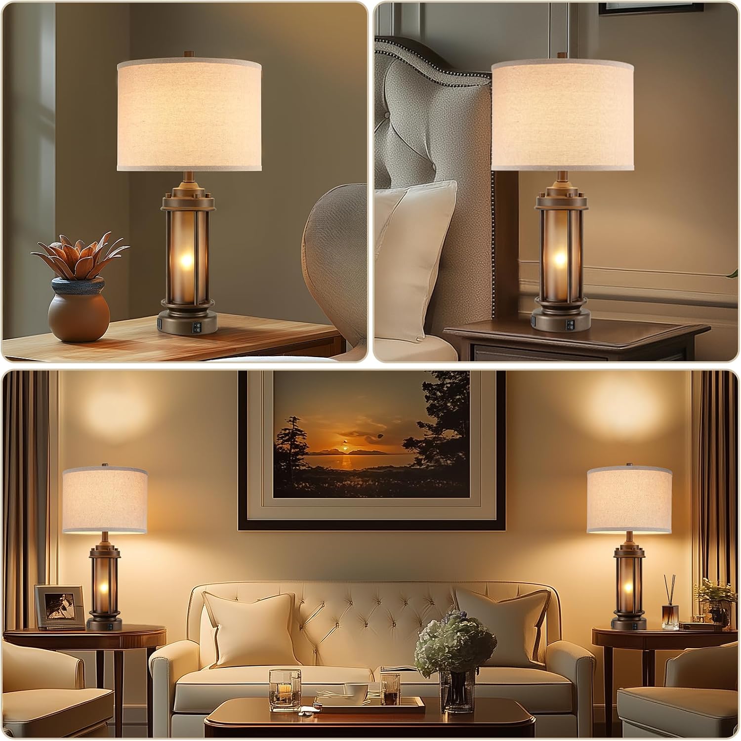 AIEAMPDO Set of 2 Farmhouse Table Lamps for Living Room, Rustic Vintage Bedside Lamps with 2 USB Ports, Bedroom Nightstand Lamp with Amber Glass Nightlight for End Table Entryway, 4 Bulbs Includes