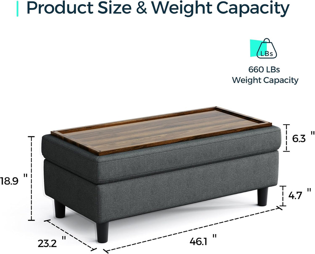 LINSY HOME 46 Inches Wide Storage Ottoman Bench, Linen Coffee Table Long Shoes Bench Footstool, Storage Chest, Foot Rest Stool, for The Living Room, Entryway and Family Room, Dark Gray