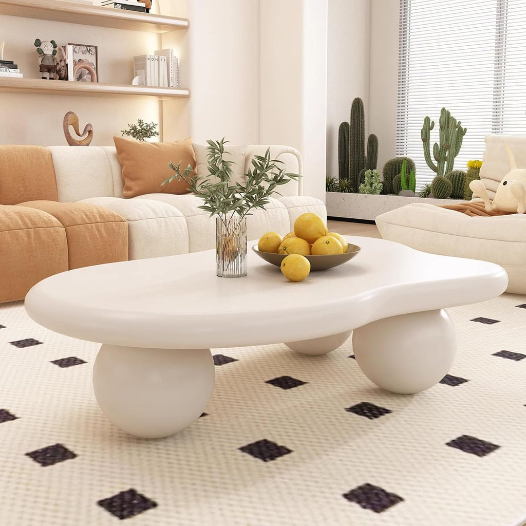 Cloud Coffee Table for Living Room with Round Corners Modern Style Center Table with 3 Ball-Shaped Legs Wood Tea Table for Small Space Apartment Easy Assembly (White W48 * D36 * H14inch)