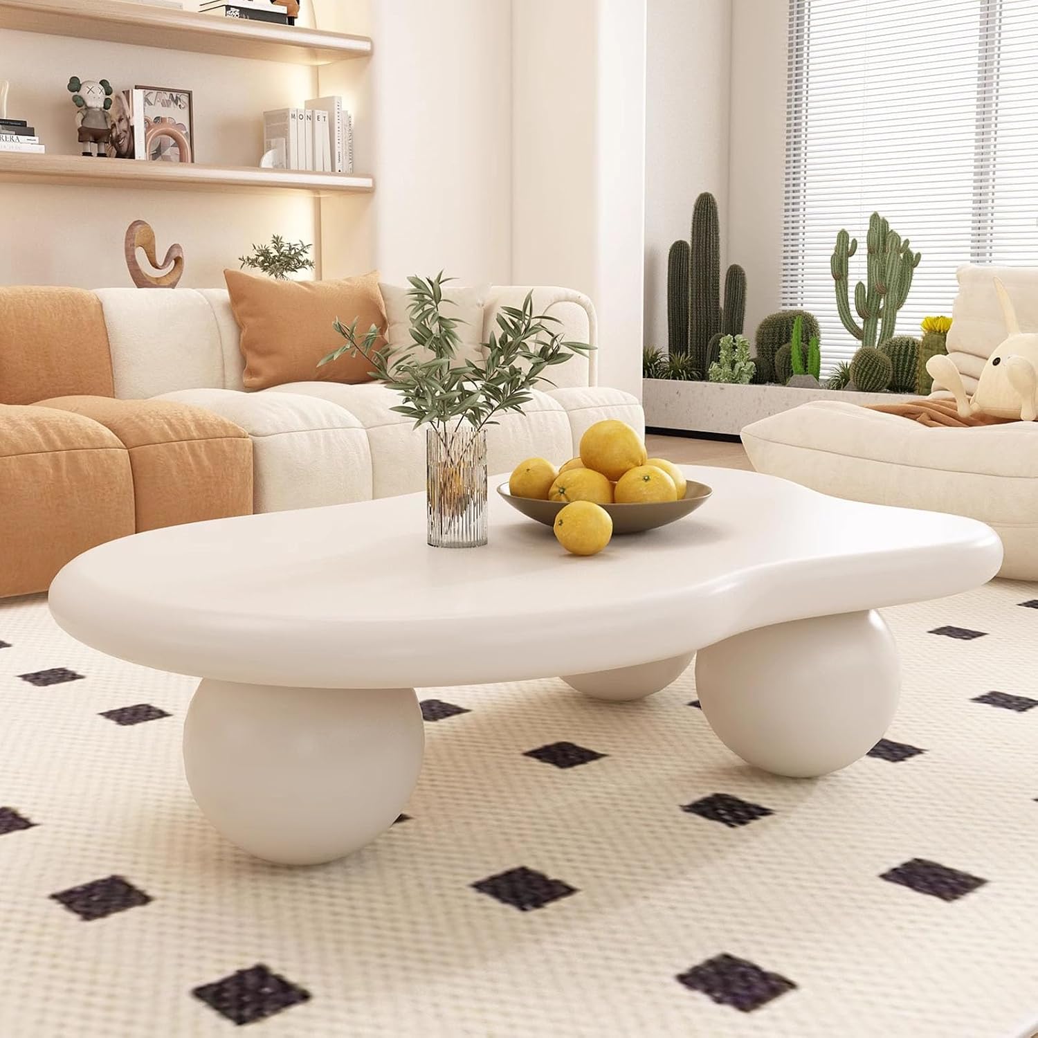 Cloud Coffee Table for Living Room with Round Corners Modern Style Center Table with 3 Ball-Shaped Legs Wood Tea Table for Small Space Apartment Easy Assembly (White W40 * D28 * H12inch)