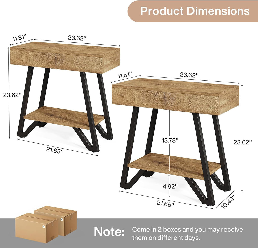 Tribesigns Metal End Side Table for Living Room, 2-Tier Narrow Couch Side Table with Storage Shelves, Small Bedside Nightstand for Bedroom, Small Spaces, Natural(Set of 2)